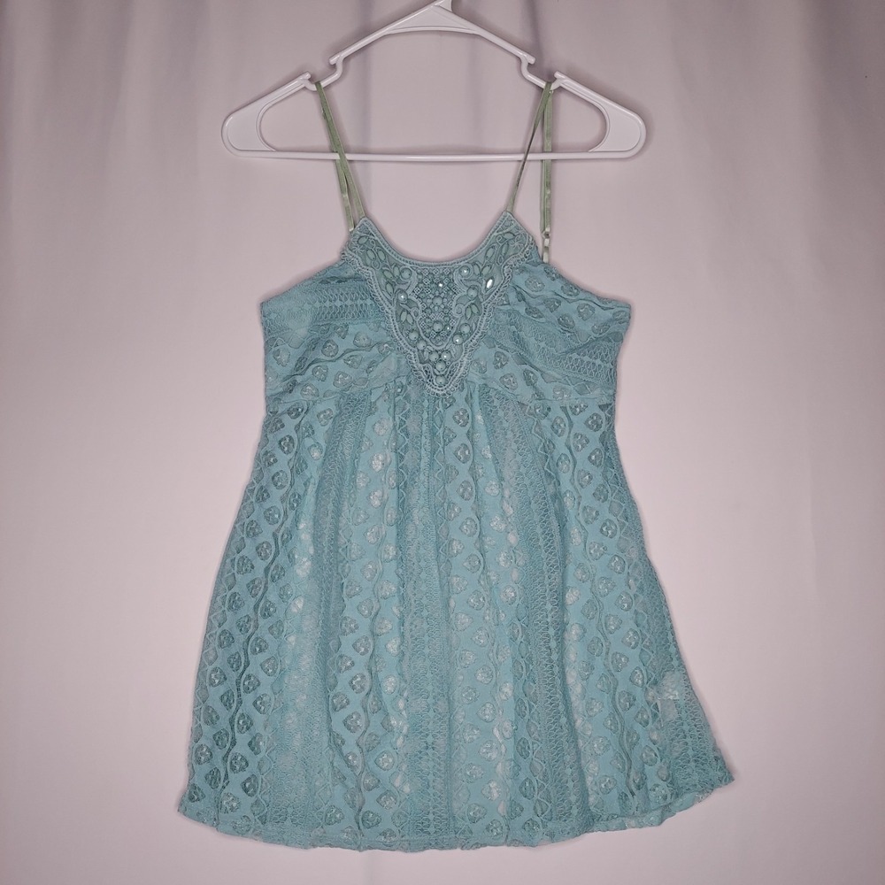 Miss Match Lace Mesh Intimate Babydoll Dress Large Blue Sheer Y2K Fairy Coquette
